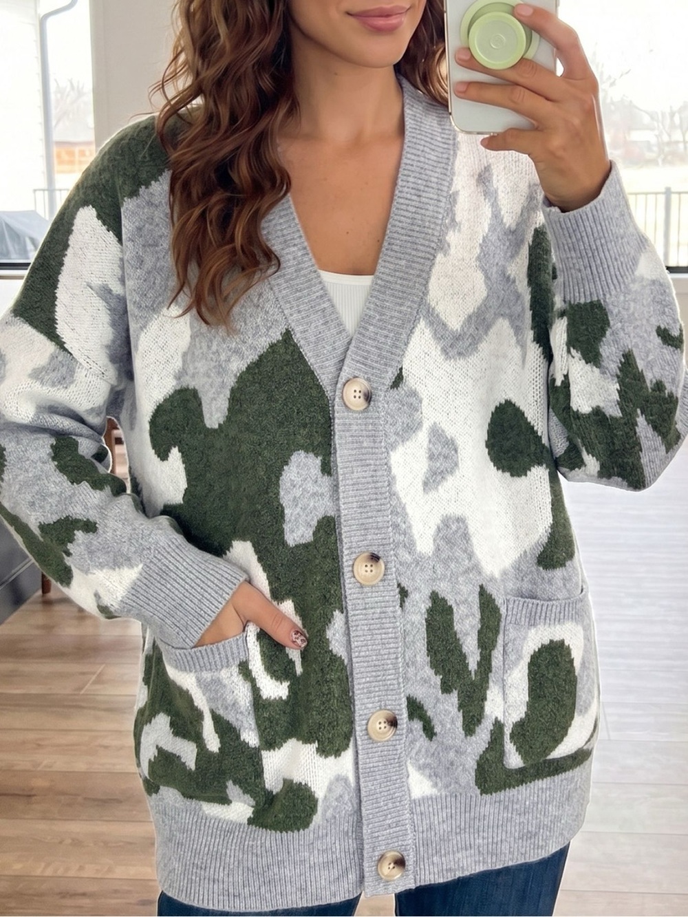 Camouflage Drop Shoulder V Neck Button Front Cardigan